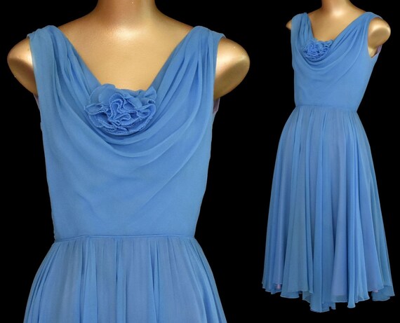 50s Blue Chiffon Cocktail Dress, Full Skirted Part