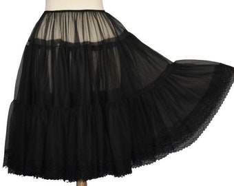 Vintage 50s Black Crinoline, Malco Modes Gathered Tiered Half Slip, Sheer Nylon Chiffon & Lace, 224" Sweep, Size S to M, Small Medium