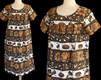 Vintage 60s Hawaiian Batik Dress, Ui Maikai Brown and White Tiki War Drums Print, 1960s Cotton Muu Muu, Size L Large