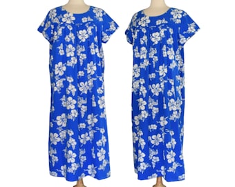 Vintage 60s Hawaiian Maxi Dress, Blue and White Hibiscus Floral Print, 1960s Ui-Maikai Cotton Muu Muu, Made in Hawaii, Size S Small