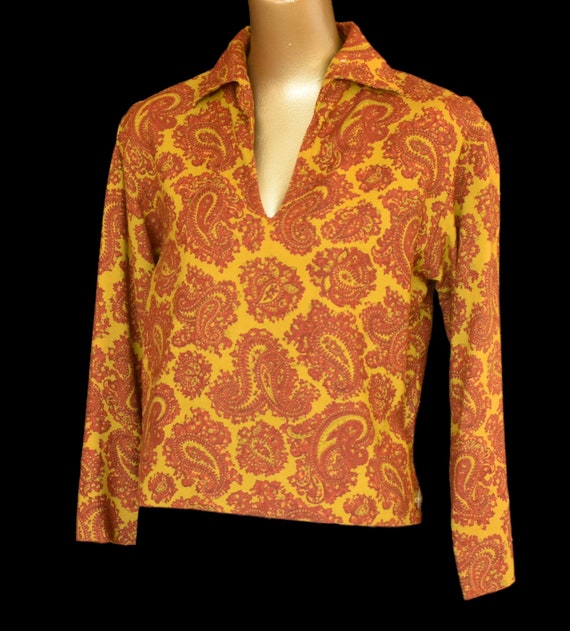 Vintage 60s Paisley Print Blouse, Rust and Chartr… - image 6