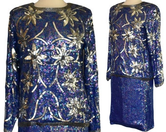 Vintage 90s Sequined Silk Blouse and Skirt Set, Royal Blue Top and Skirt Ensemble, Joseph Le Bon, New With Tags, NWT, Size M Medium