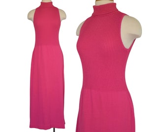 Vintage 70s Hot Pink Dress, Body Con Mixed Knit Maxi Dress, Barbiecore, Size S Small