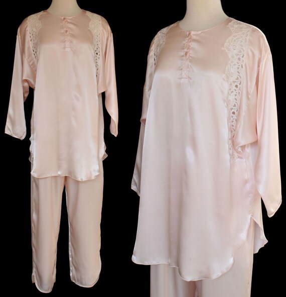 Vintage 80s 1940s Style Satin Pajamas, Lace Embel… - image 2