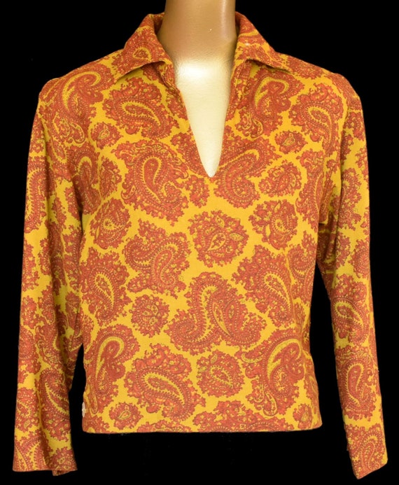 Vintage 60s Paisley Print Blouse, Rust and Chartr… - image 3