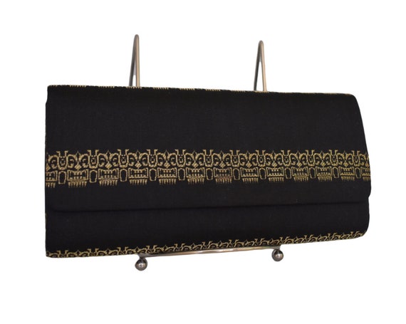 Vintage 60s Tatsumari Clutch Purse, Black Silk wi… - image 1