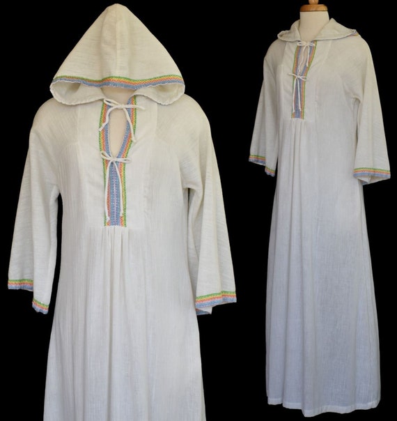Vintage 70s Cotton Gauze Hooded Kaftan Maxi Dress,