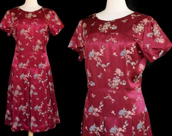 Vintage 60s Cranberry Silk Satin Jacquard with Woven In Cherry Blossoms Dress, Pleated Skirt, Fit and Flare Cocktail Dress, Size L Large