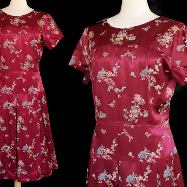 Vintage 60s Cranberry Silk Satin Jacquard with Woven In Cherry Blossoms Dress, Pleated Skirt, Fit and Flare Cocktail Dress, Size L Large