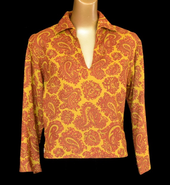 Vintage 60s Paisley Print Blouse, Rust and Chartr… - image 5