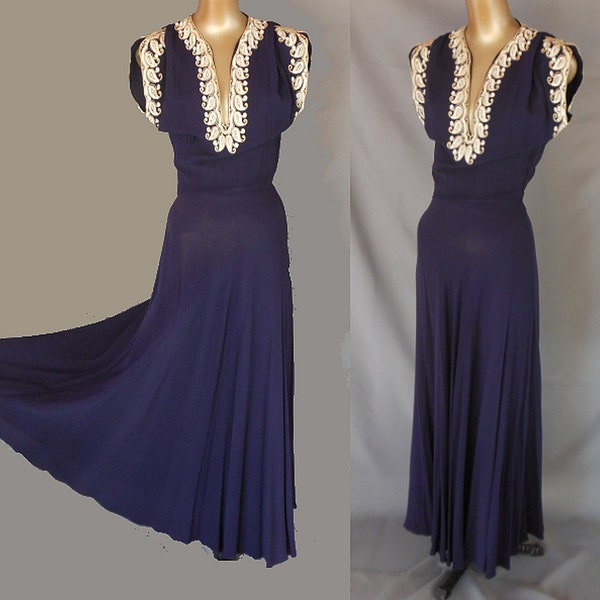 Vintage 30s Dress - 1930s Hand Beaded and Hand Sequined Navy Blue Silk Crepe - Size XS to S