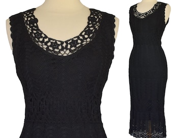 Vintage 90s Crocheted Knit Dress, Black Maxi Dress, Kroshetta by Papillon, Size M Medium