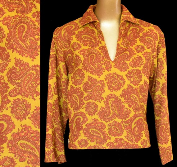 Vintage 60s Paisley Print Blouse, Rust and Chartr… - image 2