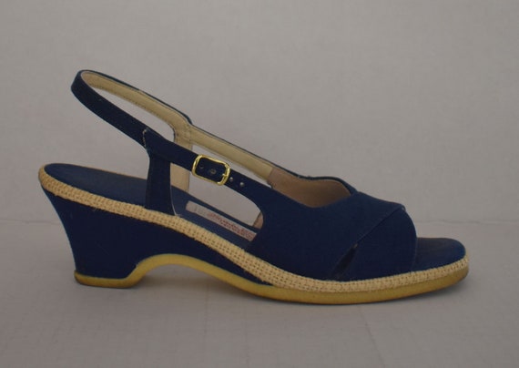 40s Style Canvas Wedge Shoes, Vintage 70s Navy Blu