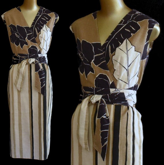 70s Tropical Print Dress, Striped Mixed Print Cott