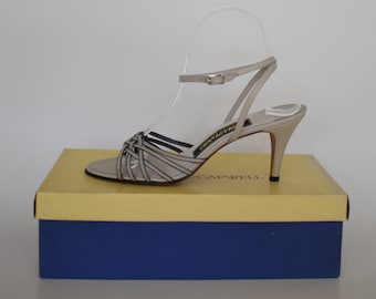 Vintage 80s DAntonio Shoes, 1980s Dove Gray Leather Strappy High Heel Sandals, Ankle Straps, Slingback, New in Box Unworn, Size 8