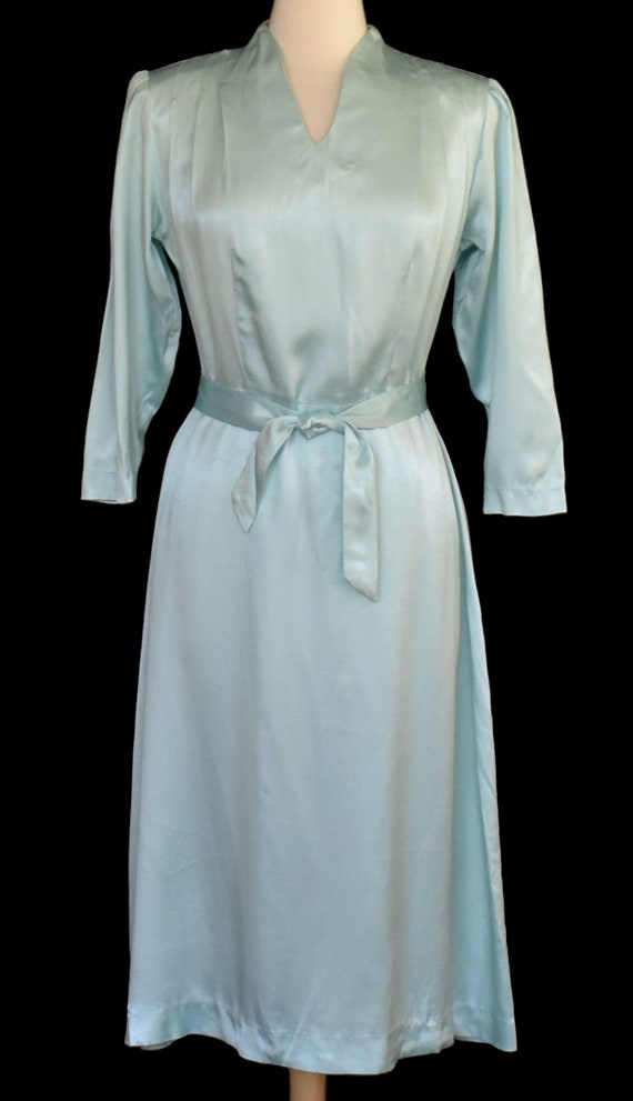 Vintage 70s does 40s Satin Cocktail Dress, Ice Bl… - image 3