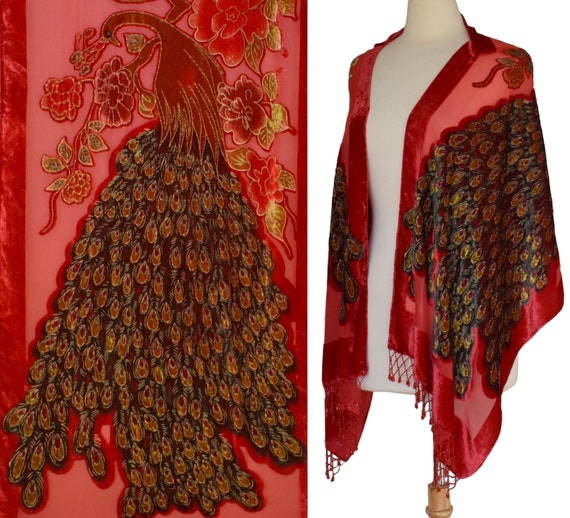 Vintage 90s Peacock Burnout Silk Velvet Shawl, Ro… - image 1