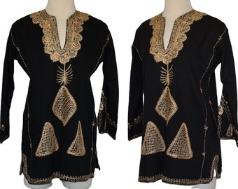 Vintage 70s Embroidered Black Cotton Tunic Blouse, Made in East India, Festival, Ethnic Peasant Boho Bohemian Top, Size M