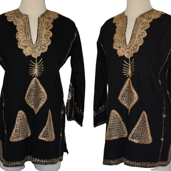 Vintage 70s Embroidered Black Cotton Tunic Blouse, Made in East India, Festival, Ethnic Peasant Boho Bohemian Top, Size M