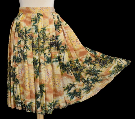 50s Hawaii Gathered Skirt, Hawaiian Scenic Print R