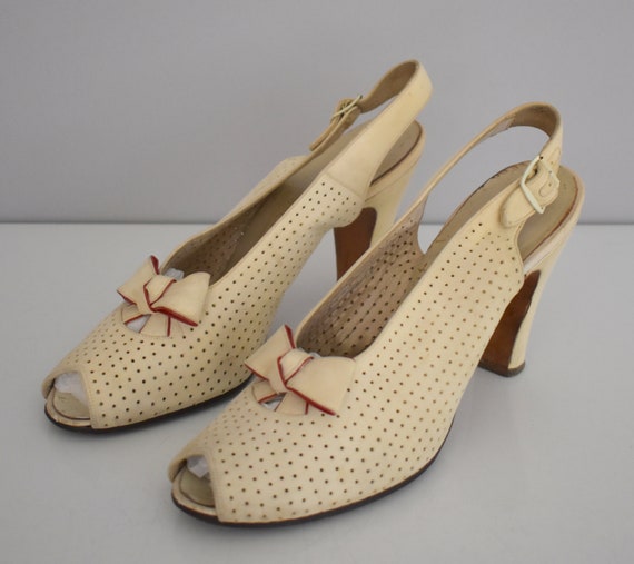 40s Suede Shoes, Off White Peep Toe Perforated Hig