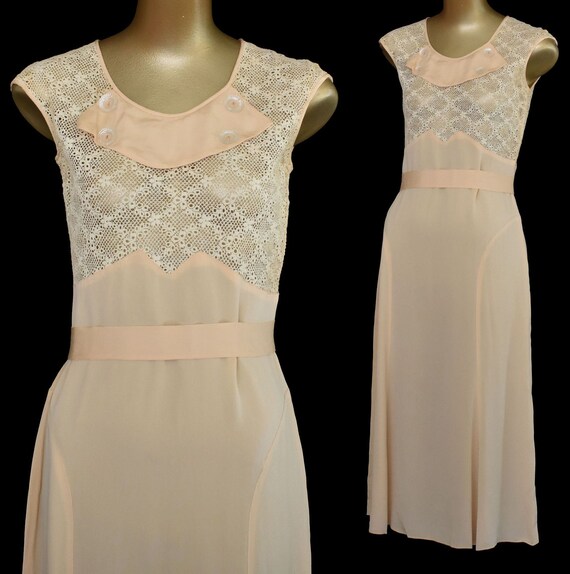 30s Dress, Apricot Silk Dress, Crocheted Bodice an