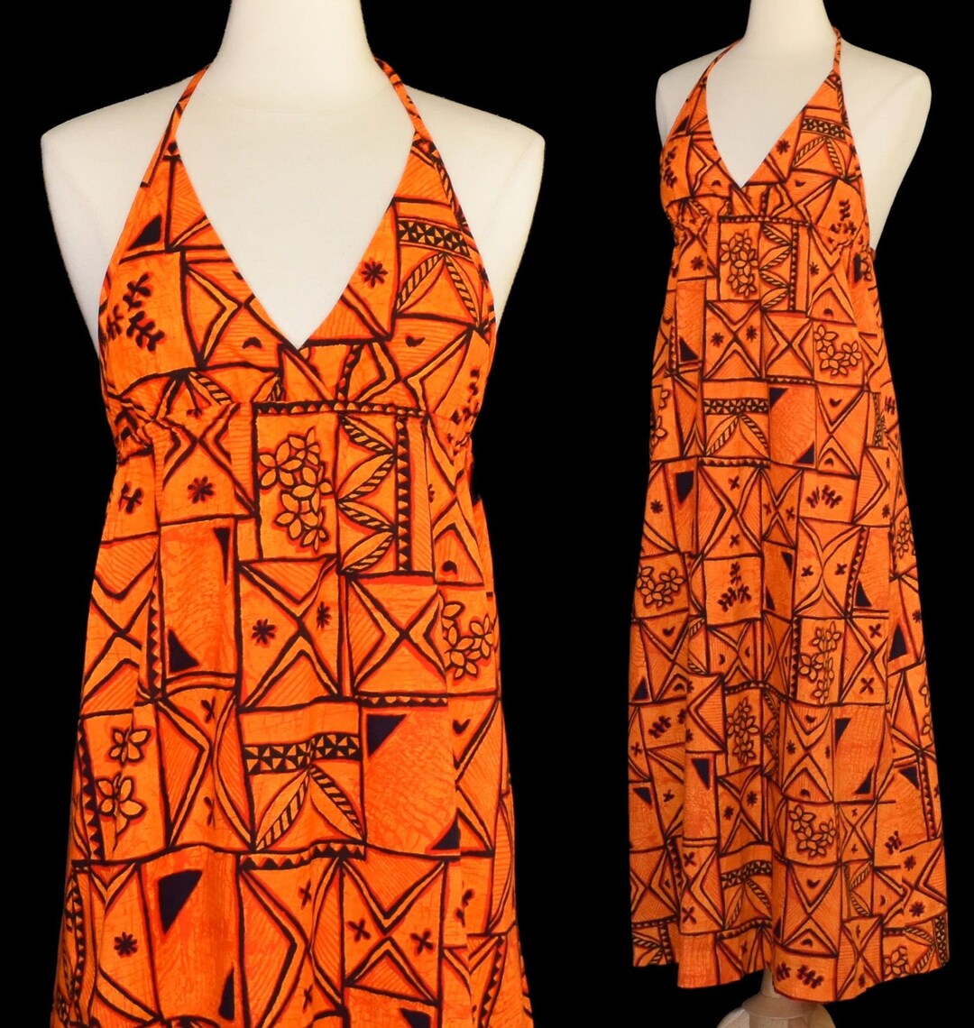 Vintage 70s Hawaiian Halter Maxi Dress, Orange and Black Tiki Tapa ...