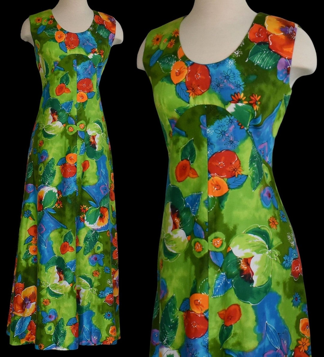 Vintage 60s Lauhala Hawaiian Maxi Dress, Tropical Floral Print Polished ...