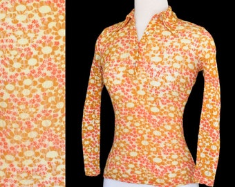 Vintage 70s Mod Floral Stretch Lace Top - Size XS to S, Extra Small to Small