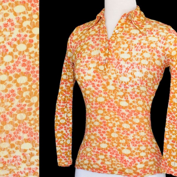 Vintage 70s Mod Floral Stretch Lace Top - Size XS to S, Extra Small to Small