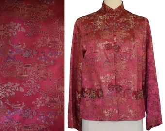 Vintage 70s Asian Rayon Jacquard Jacket, Frog Fasteners, Cranberry Pink, Pagodas, Cherry Blossoms, Little People, Size M to L, Medium Large