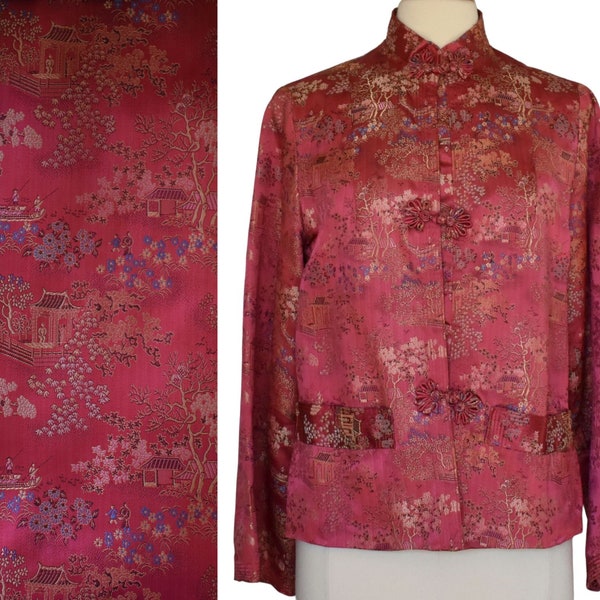 Vintage 70s Asian Rayon Jacquard Jacket, Frog Fasteners, Cranberry Pink, Pagodas, Cherry Blossoms, Little People, Size M to L, Medium Large