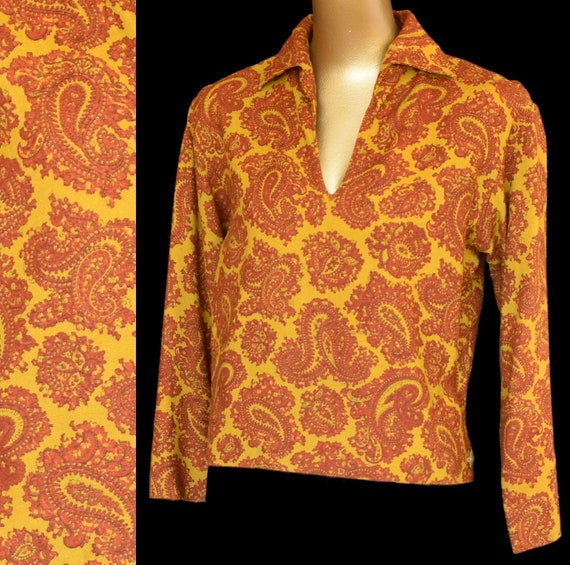 Vintage 60s Paisley Print Blouse, Rust and Chartr… - image 1