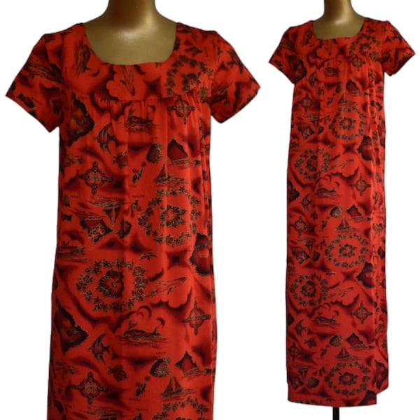 Vintage 60s Hawaiian Maxi Dress, Red and Black Tiki Island Map Print, 1960s Ui-Maikai Cotton Muu Muu, Made in Hawaii, Size S Small