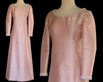 Vintage 60s Pink Silk Dupioni Silk Evening Gown Embellished with Faux Pearls, Long Ankle Length Dress, Size XS, XXS, 2XS, Extra Small