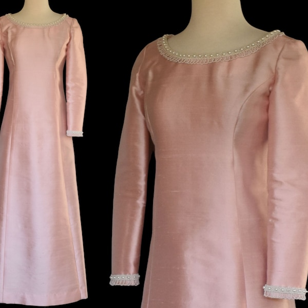 Vintage 60s Pink Silk Dupioni Silk Evening Gown Embellished with Faux Pearls, Long Ankle Length Dress, Size XS, XXS, 2XS, Extra Small