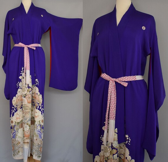 30s Furisode Kimono, Royal Purple Asian Floral Pri