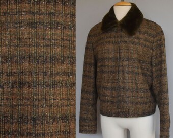 Vintage 90s Brown Tweed Jacket with Faux Fur Collar, Zip Front Cropped Jacket, Votre Noir Collection, Made in France, Size XL, Extra Large