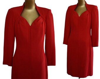 Vintage 80s Estevez Cocktail Dress, Red Silk Party Dress, Designer Dress, Strong Shoulders, Size M Medium