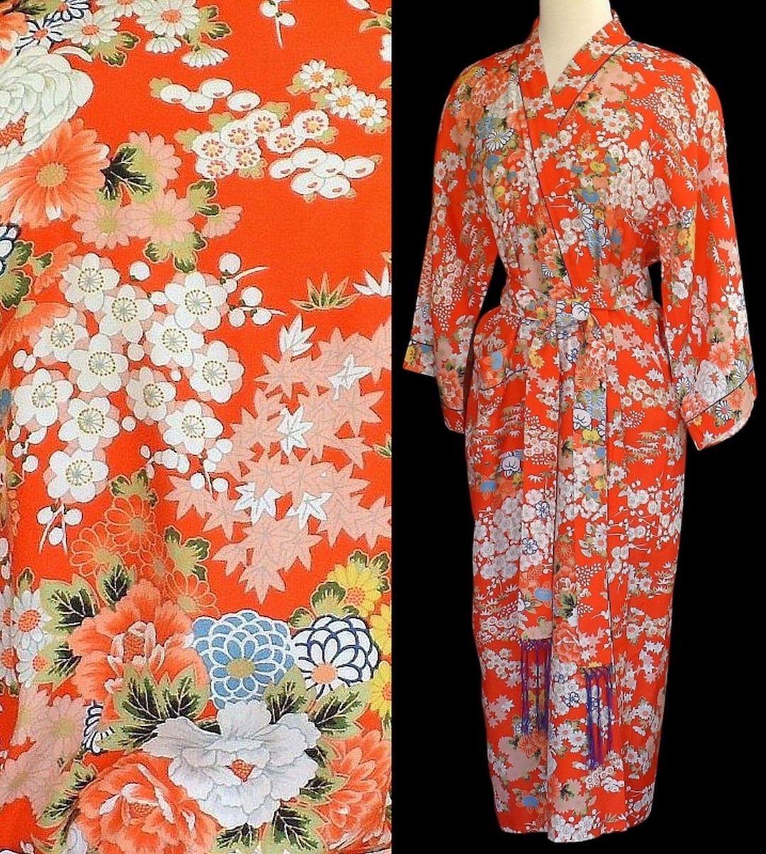 Vintage 60s Asian Wrap Robe, Hand Printed Rayon Coral Chinoiserie ...