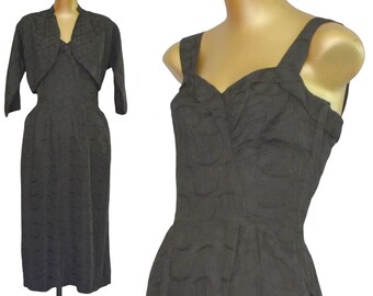 Vintage 40s Cocktail Dress and Bolero Jacket, Embroidered Black Wiggle Dress, Two Piece Set, LBD, Size S Small