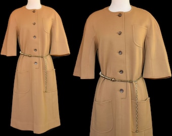 Vintage 60s Kimberly Dress, Mocha Brown Wool Jersey Knit Day Dress, Minimalist Dress, Button Up Shirtdress, Size M to L, Medium to Large