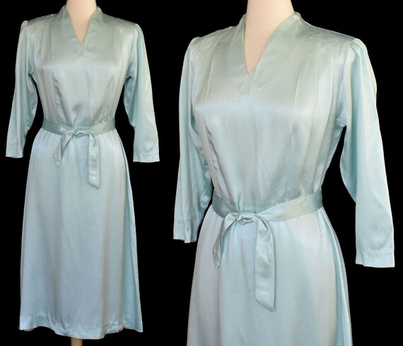 Vintage 70s does 40s Satin Cocktail Dress, Ice Bl… - image 2