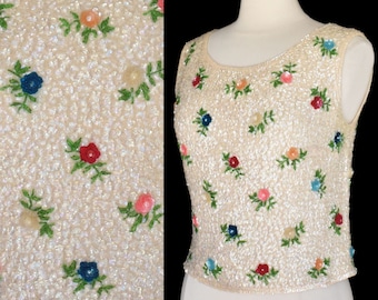 Vintage 60s Hand Beaded Floral Cocktail Sweater, Hand Sequined 3-D Cocktail Sweater, Off White Sweater, Size S Small