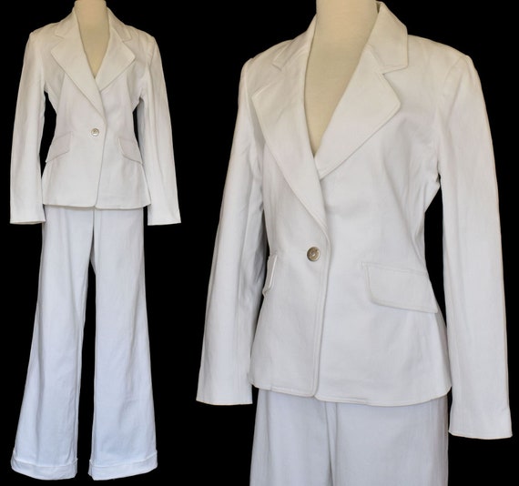St John White Cotton Denim Pantsuit, Two Piece Set, Soca Blazer Jacket and  Cuffed Pants Suit, Size 10, M Medium 