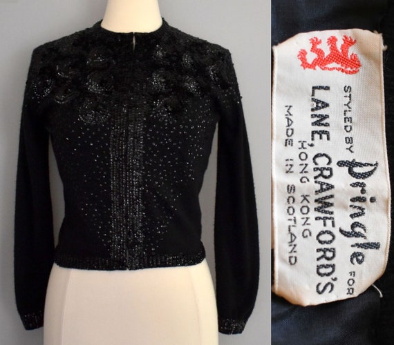 50s Pringle Cardigan Sweater, Black Hand Sequined