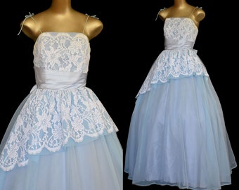 Vintage 50s Chiffon and Chantilly Lace Party Dress, Powder Blue Wedding Dress, Evening Gown, Full Skirted, Size XXS to XS
