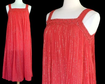 Vintage 70s Red Cotton Gauze Grecian Goddess Dress, Metallic Gold Stripes, Festival, Boho Rich Hippie, Size S to M, Small Medium