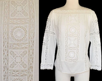 Vintage Y2K Ralph Lauren Polo White Cotton Blouse with Inset Lace, Romantic Bohemian Top, Size Medium M